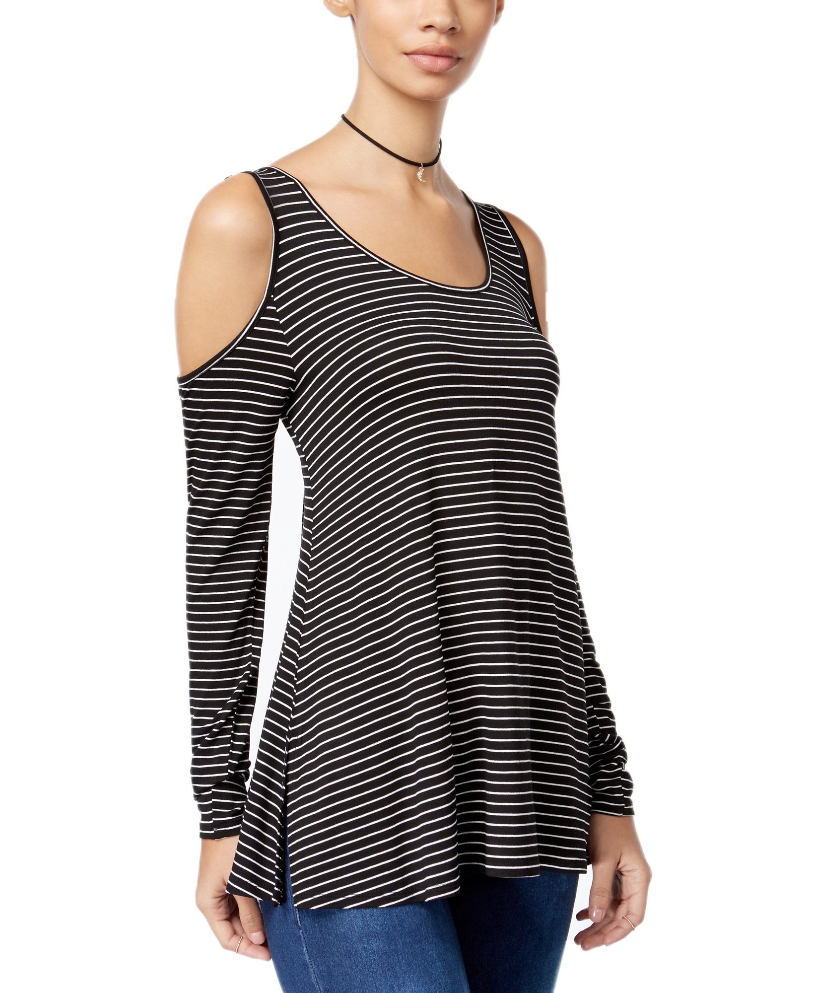 Ultra Flirt Women Cold Shoulder Top Black White Stripe