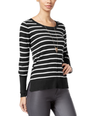 Hippie Rose Women Braided Back Striped Sweater Black Ivory