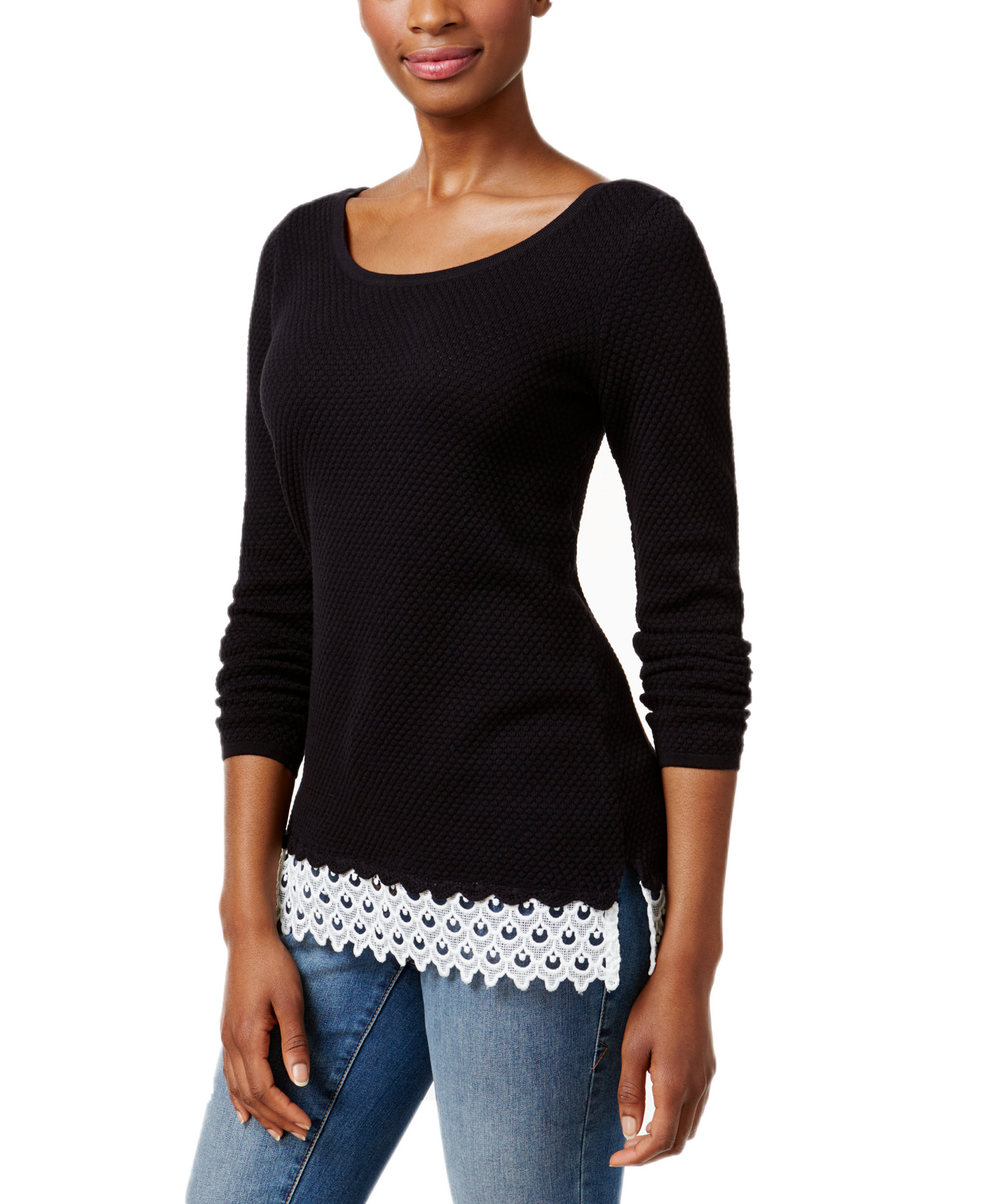 Charter Club Women Patterned Lace Hem Sweater Deep Black