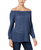 Style & Co Women Off The Shoulder Open Knit Sweater New Uniform Blue