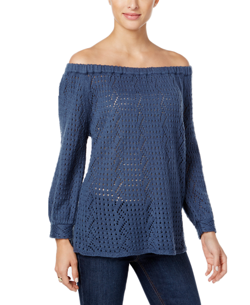 Style & Co Women Off The Shoulder Open Knit Sweater New Uniform Blue