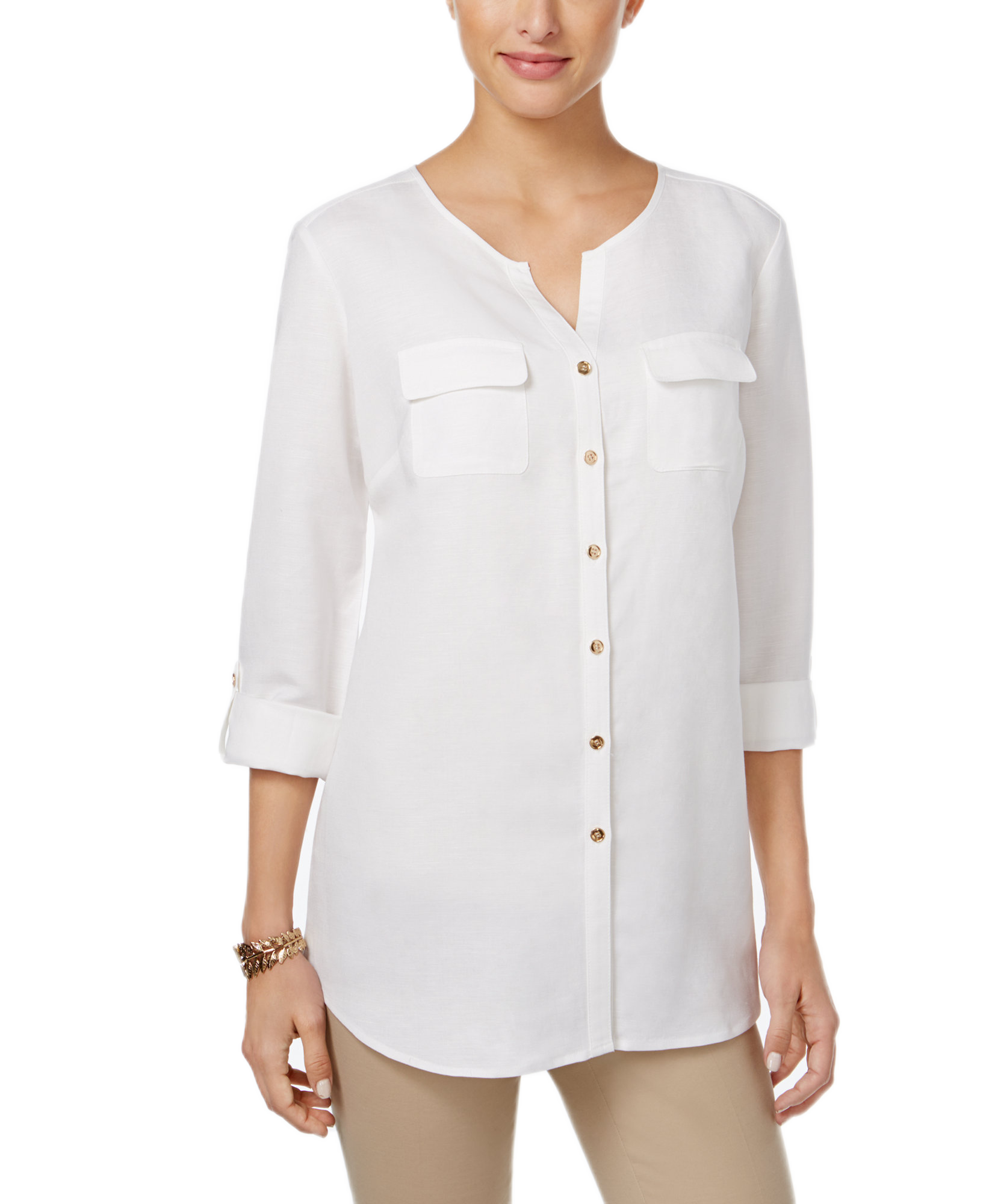JM Collection Women Linen Blend Button Back Shirt Bright White