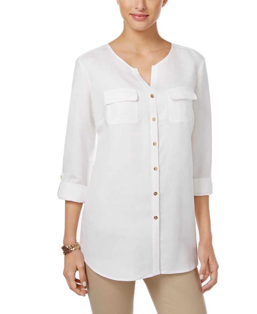 JM Collection Women Linen Blend Button Back Shirt Bright White