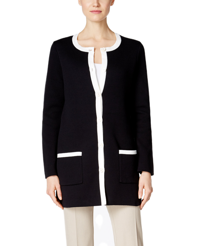 Charter Club Women Contrast Trim Cardigan Deep Black Combo