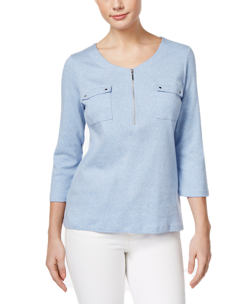 Karen Scott Women Pocketed Zip Neck Top