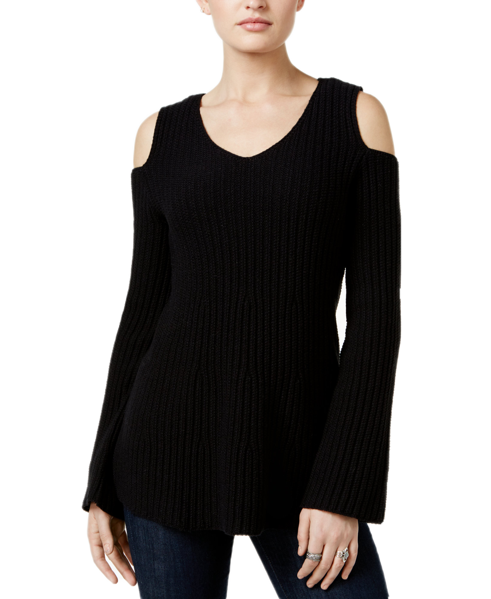 Style & Co Women Off The Shoulder Bell Sleeve Sweater Deep Black