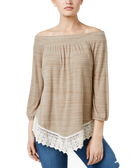 Style & Co Women Crochet Hem Bishop Sleeve Top Neutral Combo