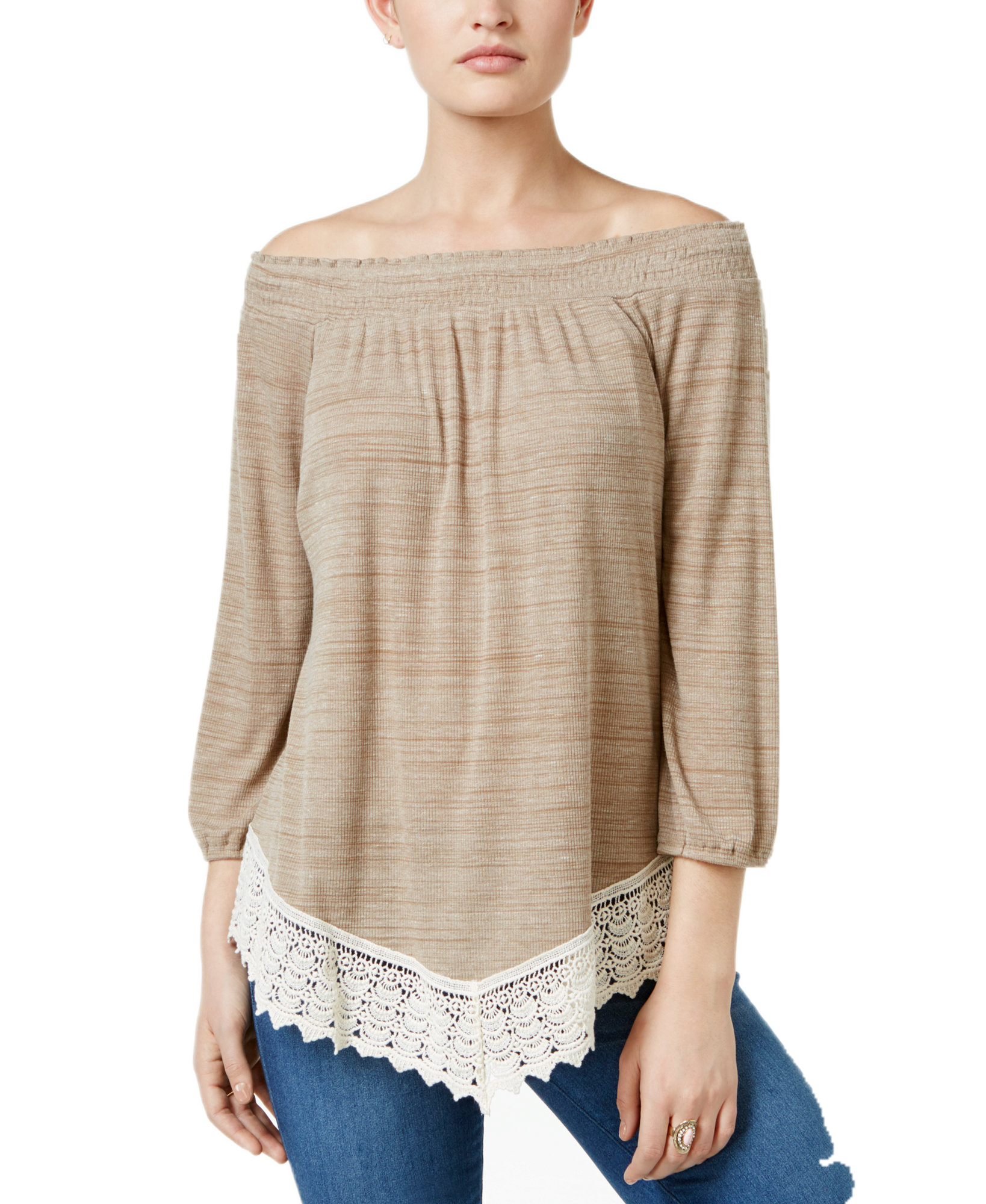 Style & Co Women Crochet Hem Bishop Sleeve Top Neutral Combo