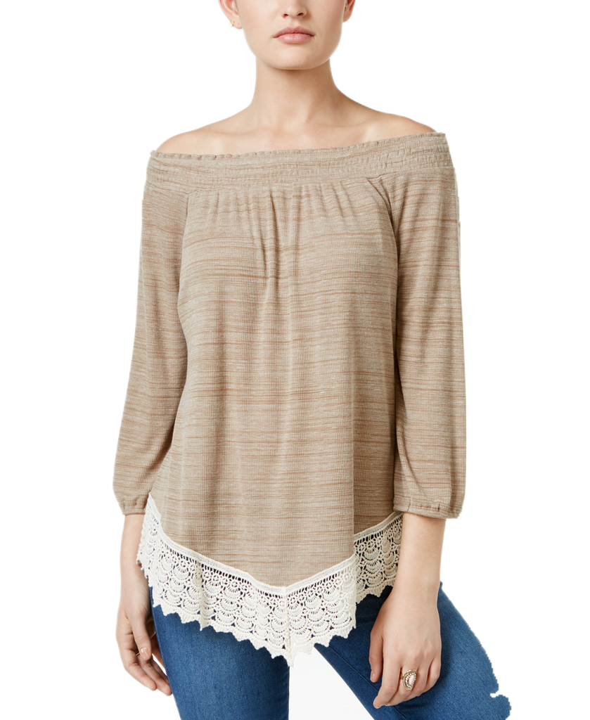 Style & Co Women Crochet Hem Bishop Sleeve Top Neutral Combo