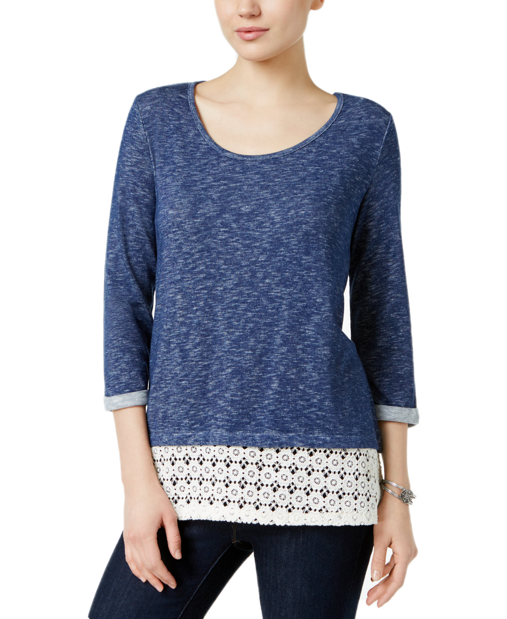 Style & Co Women Crochet Hem Top Denim Blue