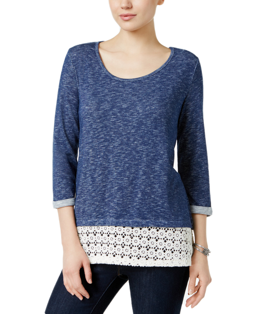 Style & Co Women Crochet Hem Top Denim Blue