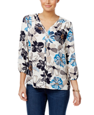 Charter Club Women Floral Print V Neck Blouse Birch Tree