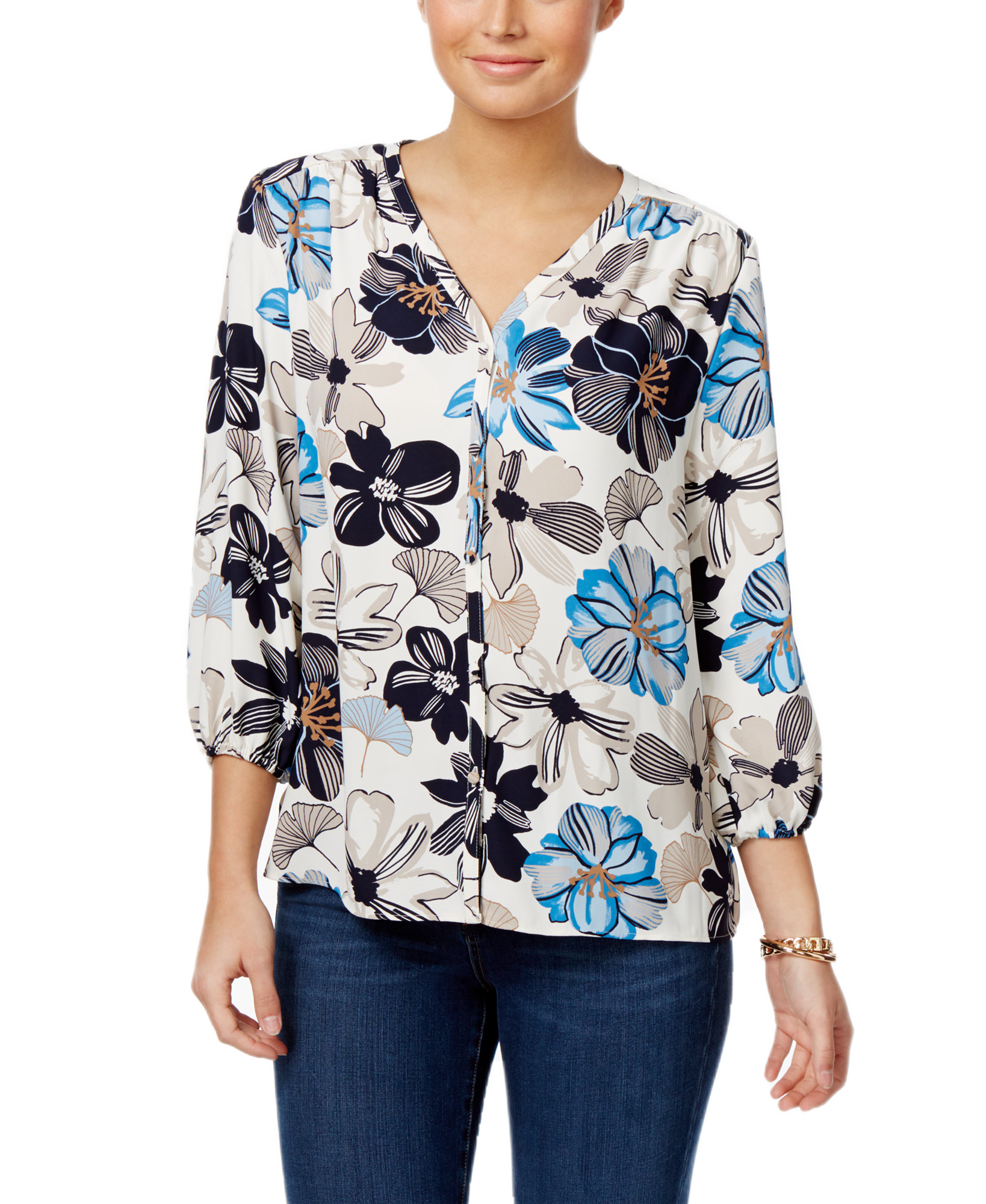 Charter Club Women Floral Print V Neck Blouse Birch Tree