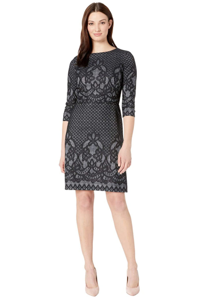 Gabby Skye Women Bonded Lace Pattern Dress Black Ivory