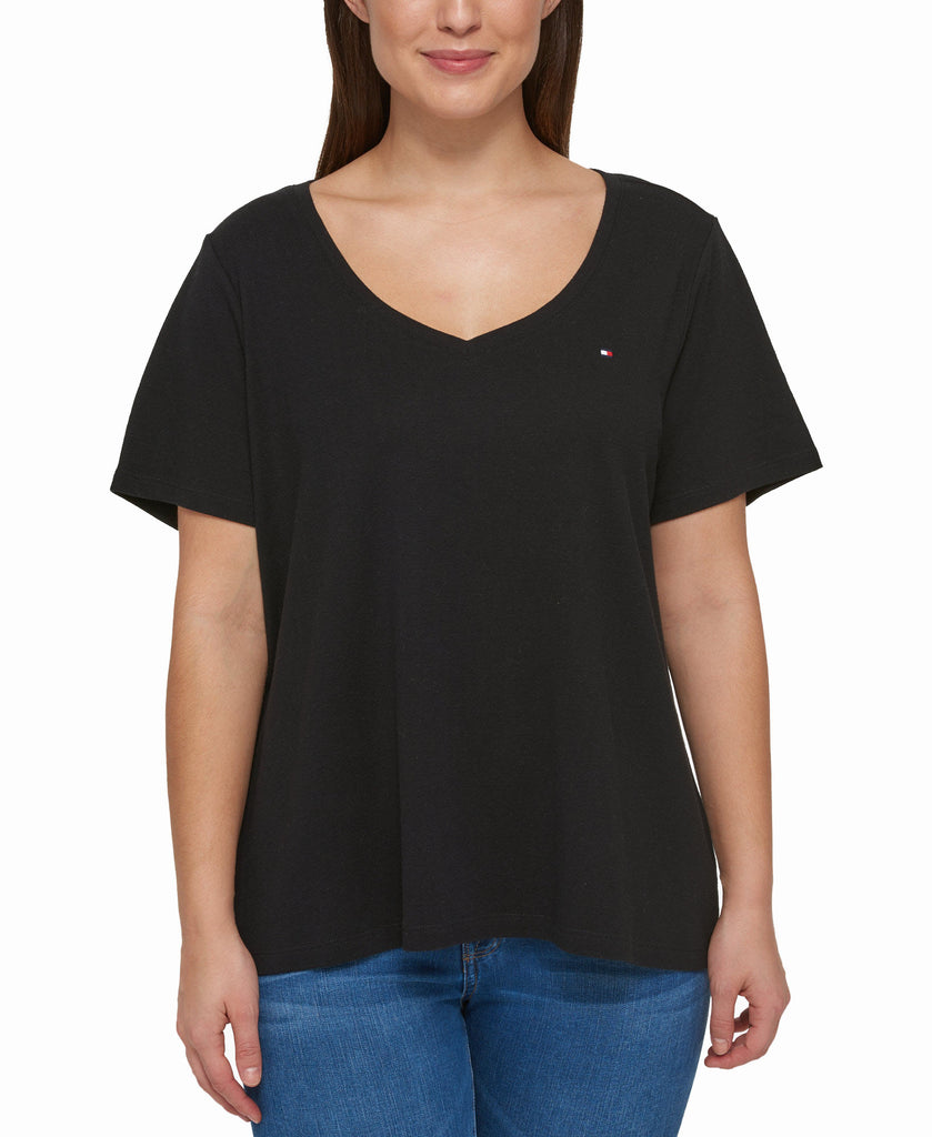 Tommy Hilfiger Women Plus Cotton V Neck T Shirt Black