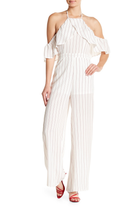 Jealous Tomato Women Stripe Sheer Layer Halter Jumpsuit White Red