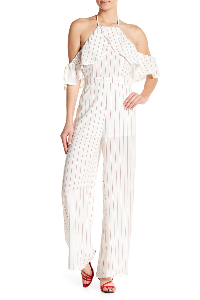 Jealous Tomato Women Stripe Sheer Layer Halter Jumpsuit White Red