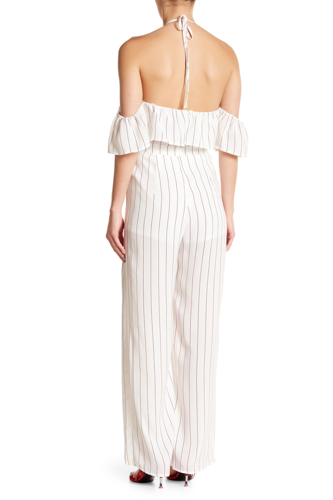 Jealous Tomato Women Stripe Sheer Layer Halter Jumpsuit