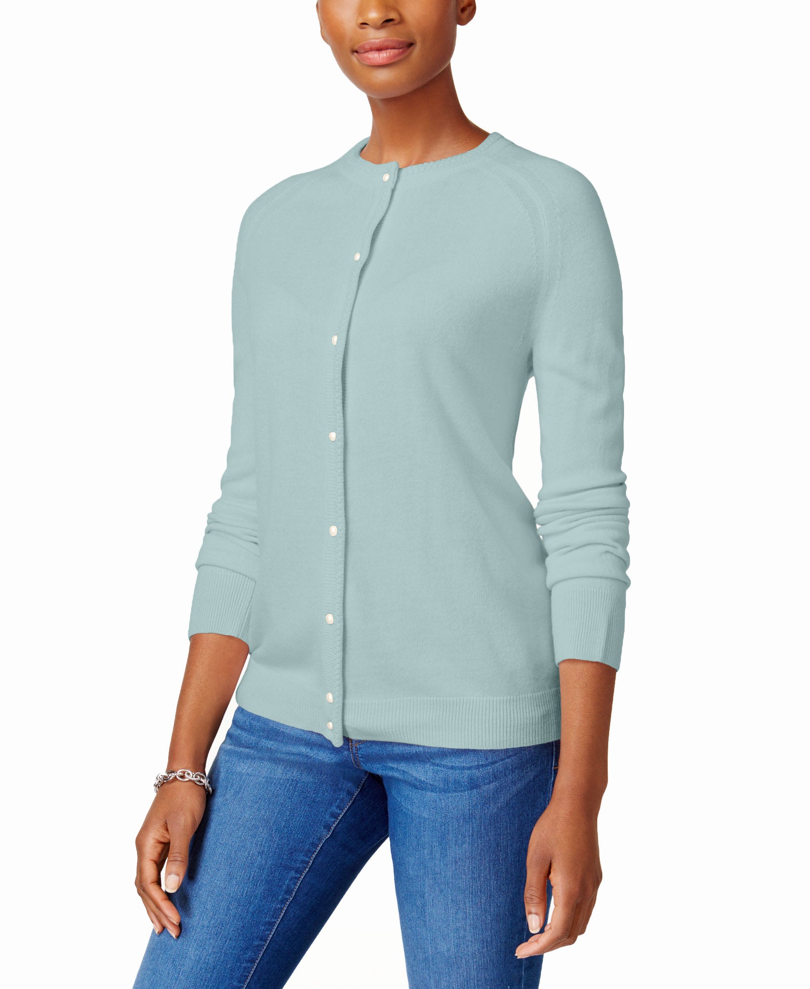 Karen Scott Women Petite Luxsoft Button Cardigan Blue Moon
