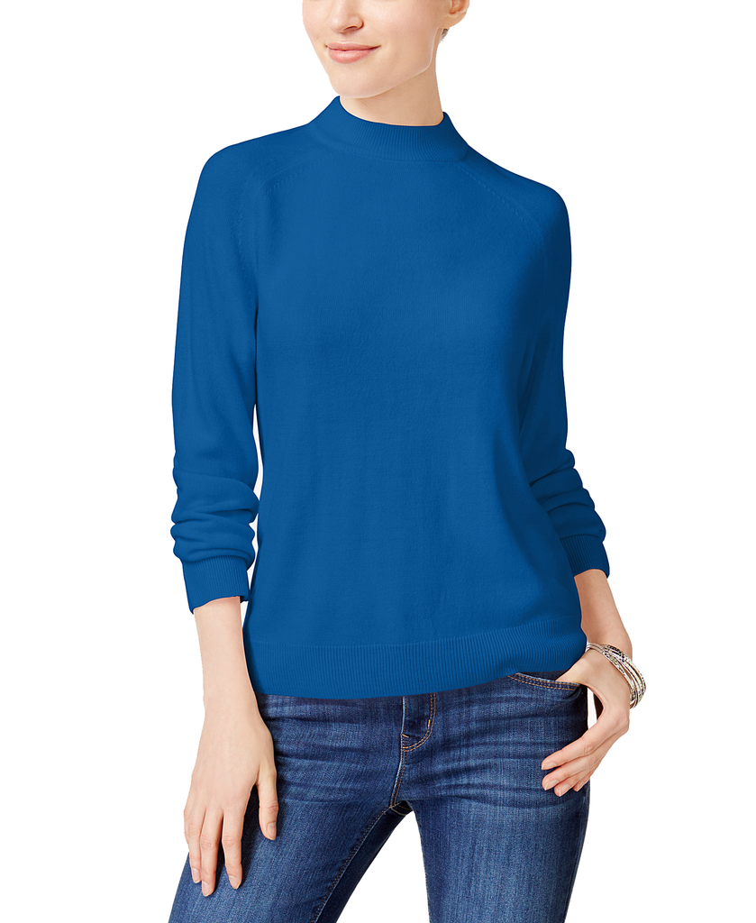 Karen Scott Women Zip Back Mock Neck Sweater Deep Pacific