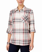 Style & Co Women Petite Cotton Tab Sleeve Plaid Shirt Cabin Plaid
