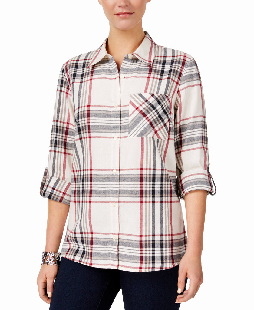 Style & Co Women Petite Cotton Tab Sleeve Plaid Shirt Cabin Plaid