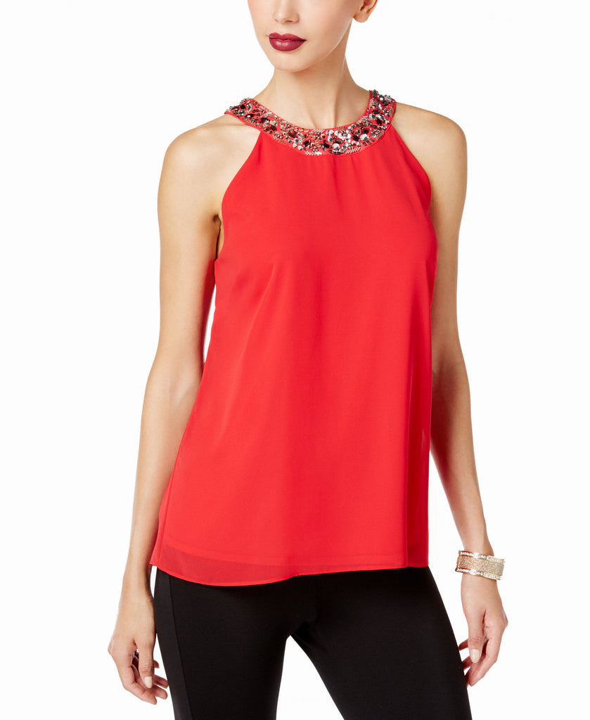 Thalia Sodi Women Rhinestone Embellished Top Lipstick Red