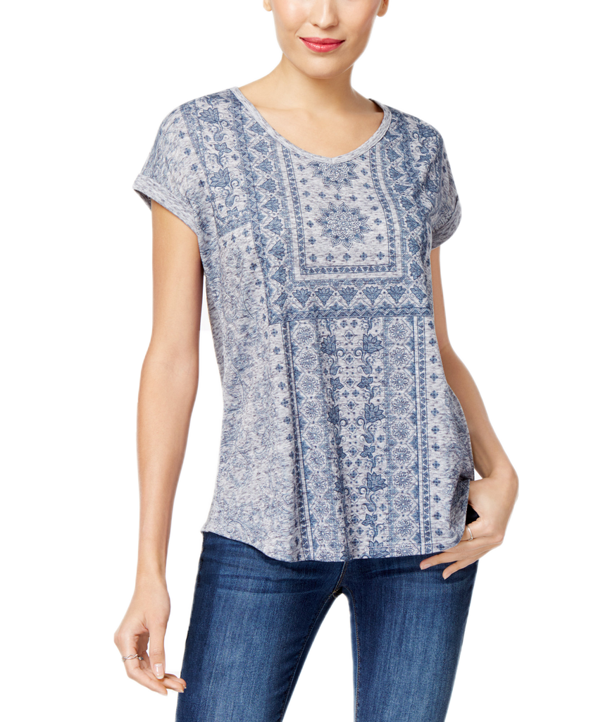 Style & Co Women Graphic Shirttail Hem Top Aztec Stripe