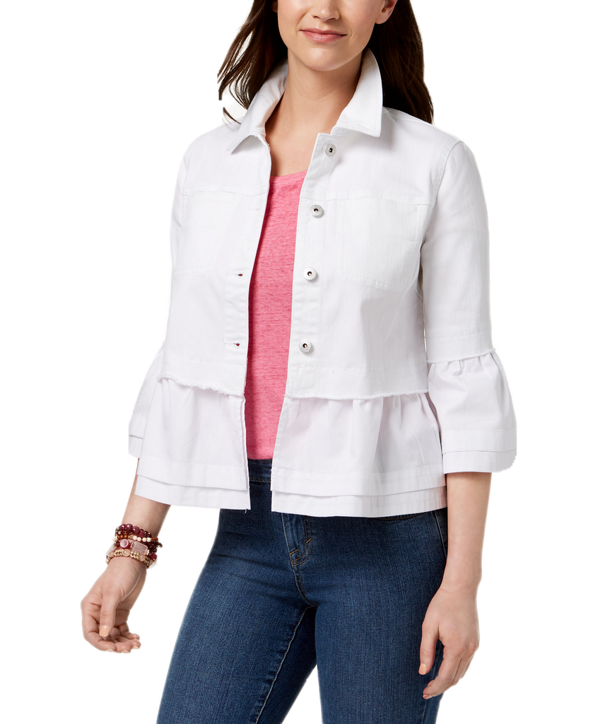 Style & Co Women Ruffled Denim Jacket Bright White