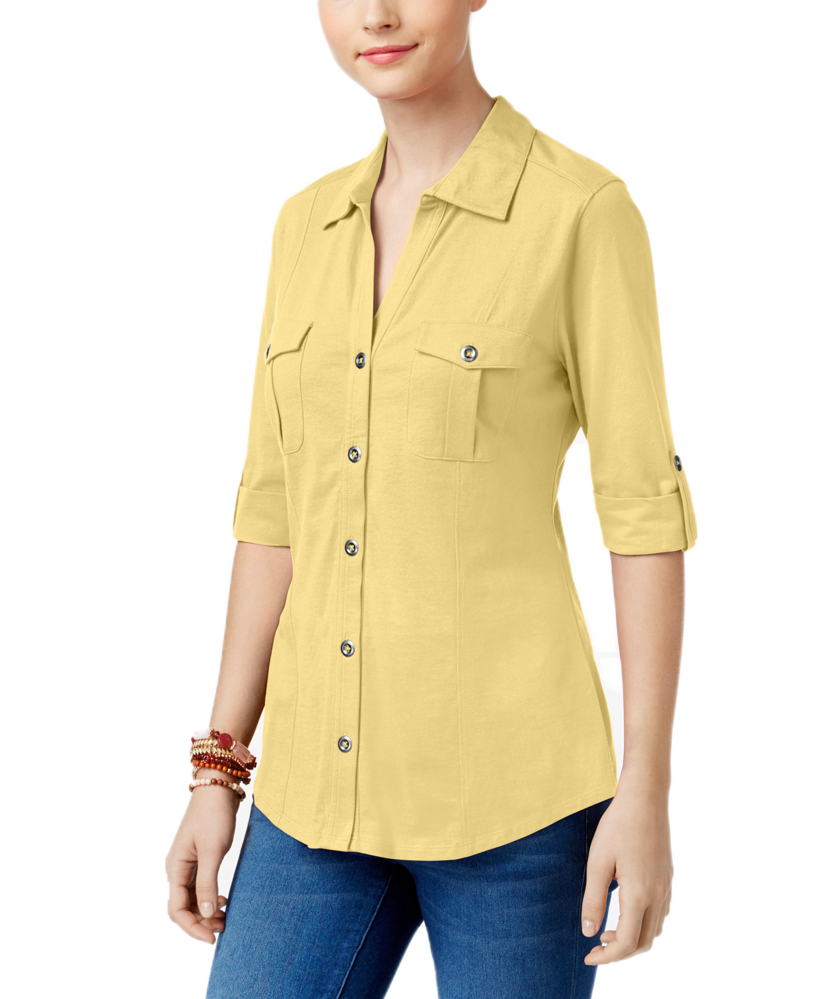 Style & Co Women Utility Shirt Yellow Breeze