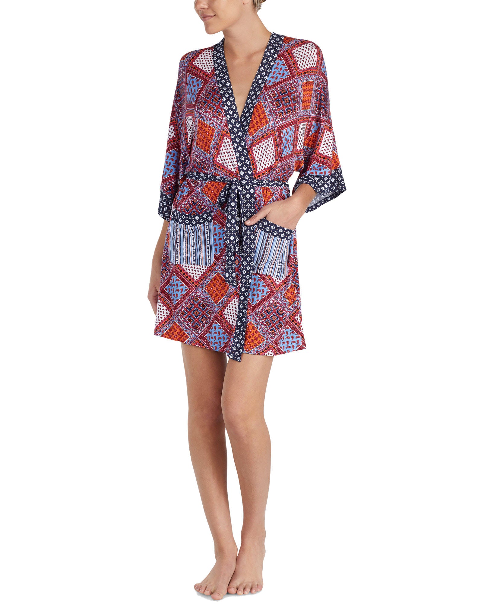 Layla Women Printed Short Robe With Headband Multi Red