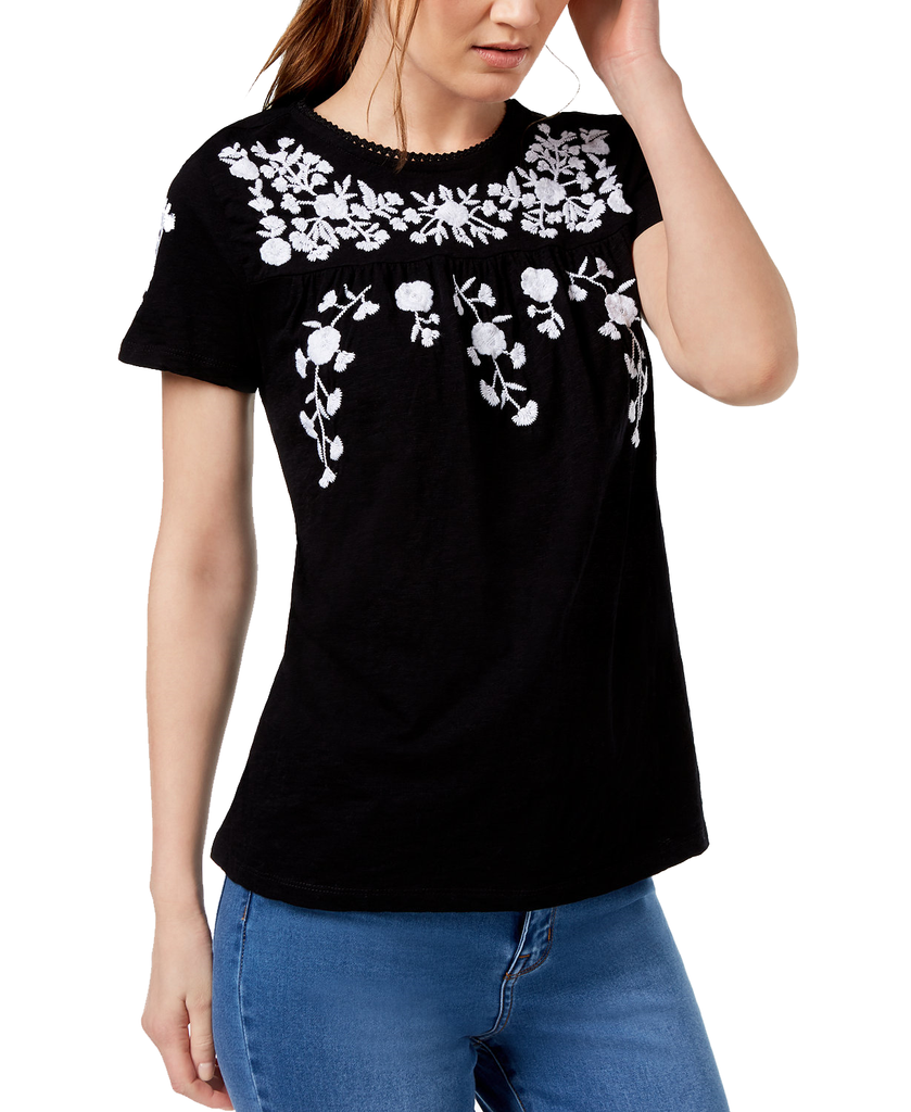 Charter Club Women Cotton Floral Print T Shirt Deep Black