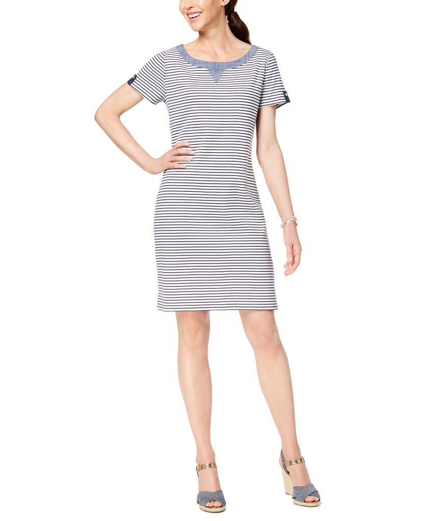 Karen Scott Cotton Striped Button Accent Dress Bright White