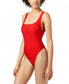 Reebok Women Ribbed One Piece High Leg Swimsuit Red
