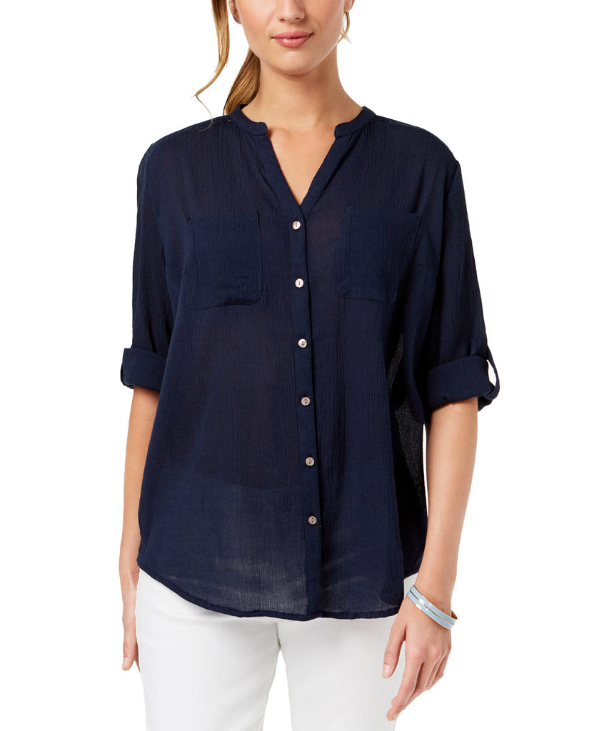 Charter Club Roll Tab Button Down Top Intrepid Blue