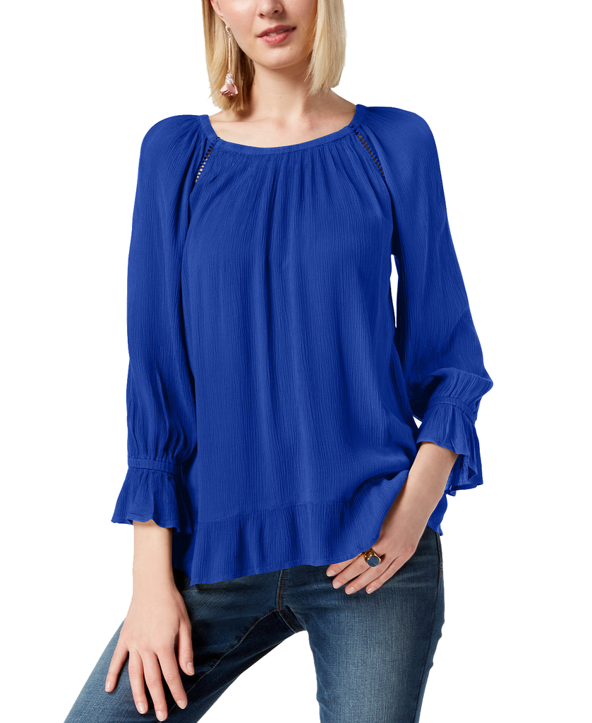 INC International Concepts Women Crepe Peasant Top Goddess Blue