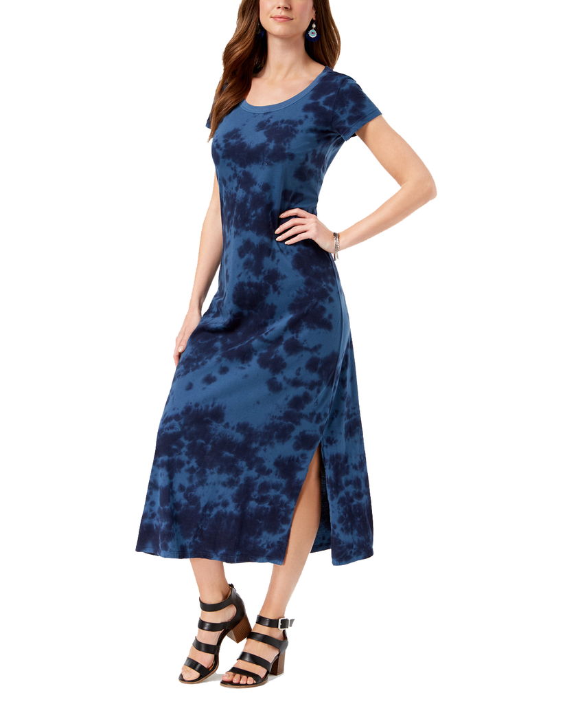 Style & Co Women Printed Scoop Neck Maxi Dress Blue Tye Dye