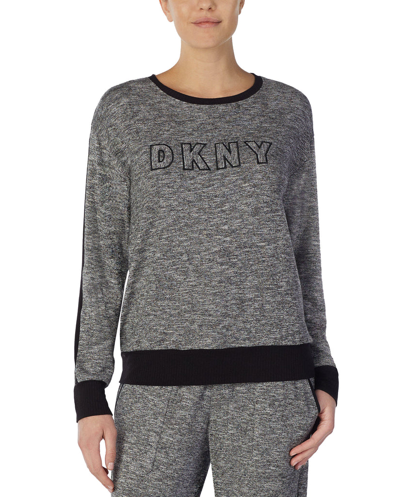 DKNY Women Logo Long Sleeve Knit Pajama Top Black Ivory