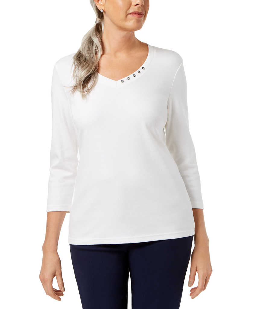 Karen Scott Women Cotton V Neck Button Top Bright White