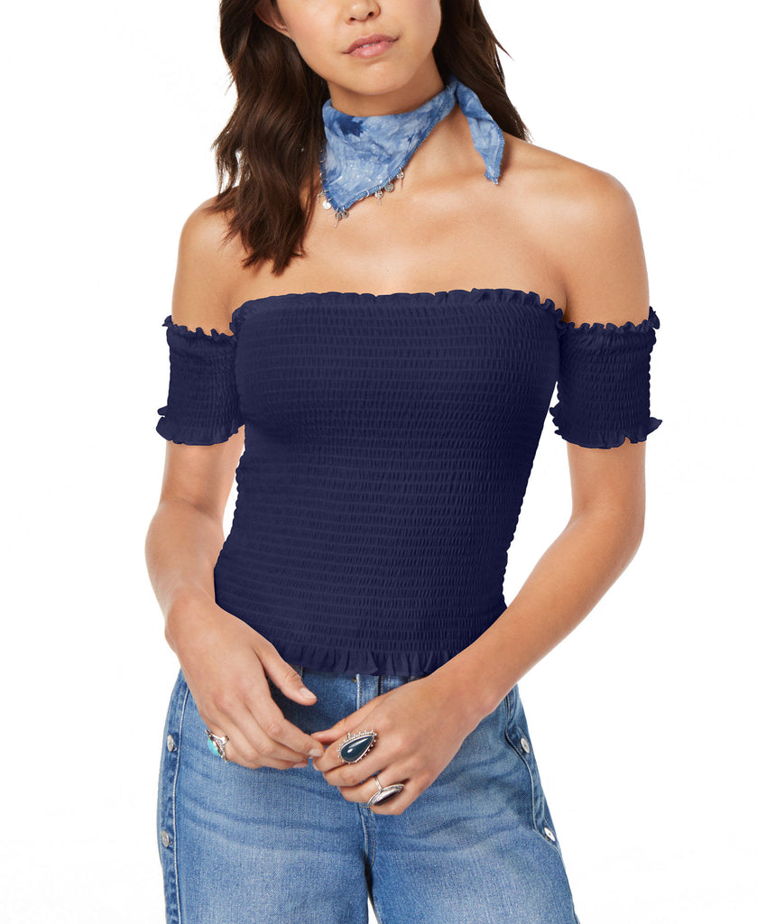 Crave Fame Women Smocked Off The Shoulder Crop Top Navy