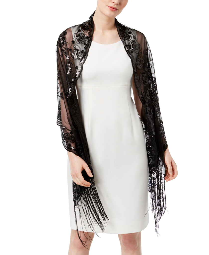 INC International Concepts Women Floral Sequined Fringe Evening Wrap Black