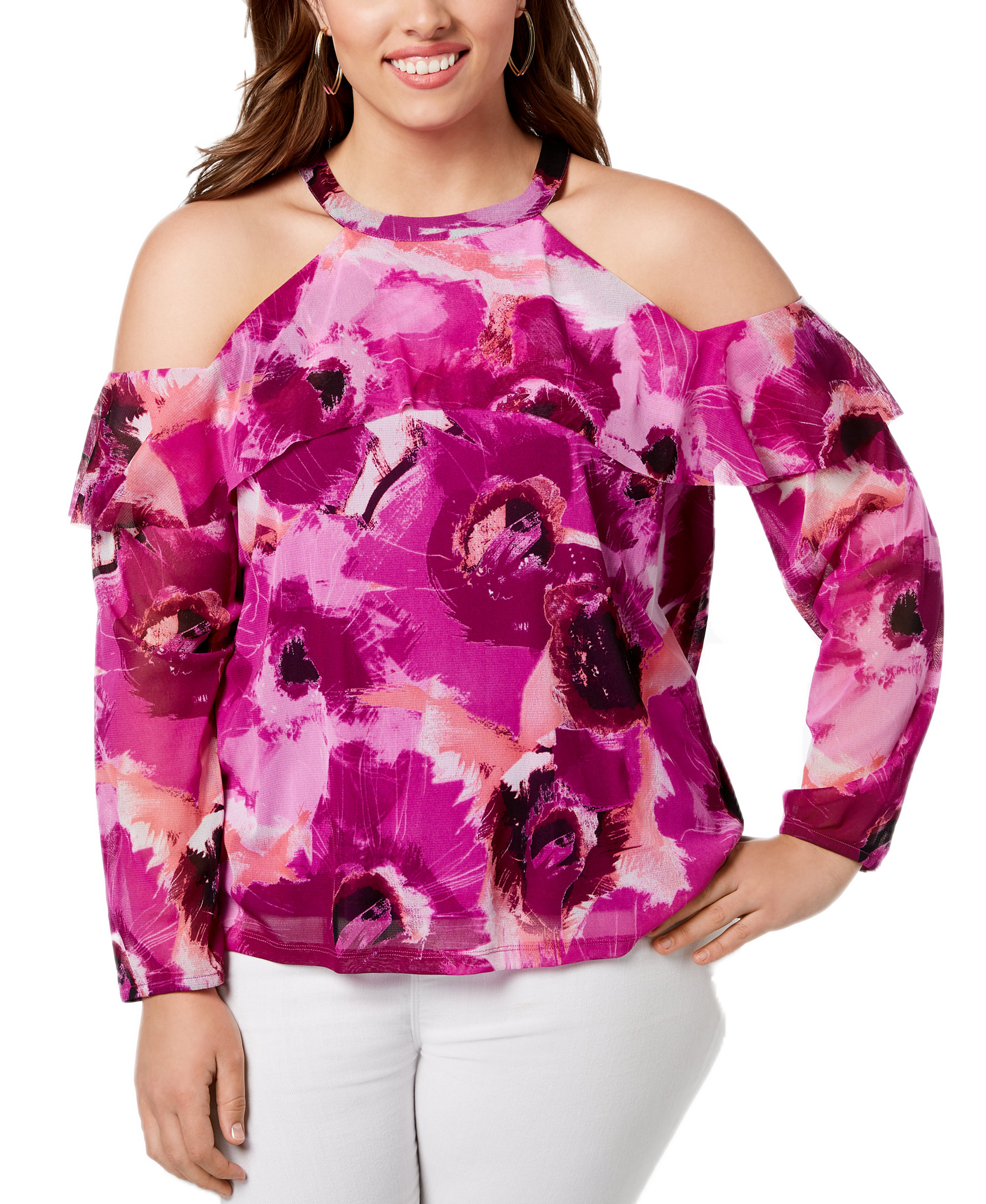 INC International Concepts Women Plus Cotton Cold Shoulder Halter Top Dream Poppy