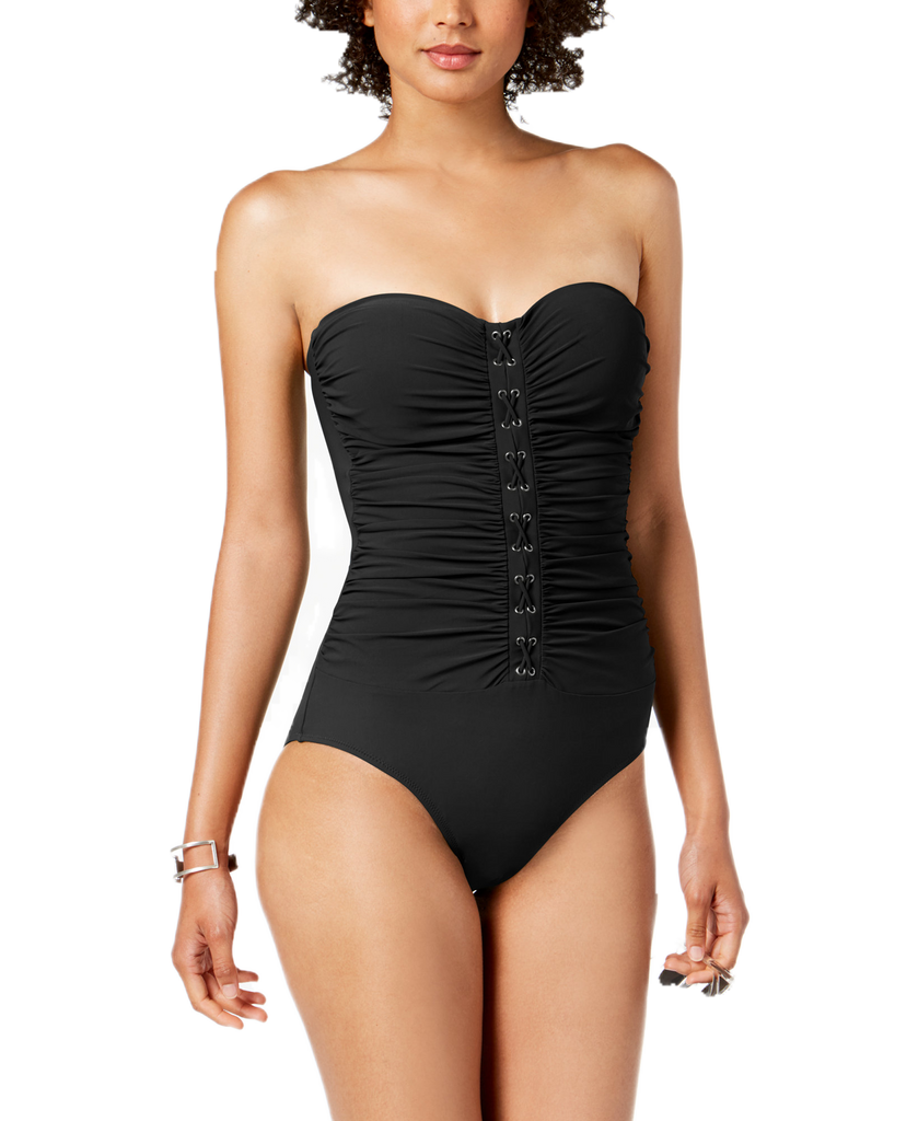 Profile-by-Gottex-Women-Bandeau-Lace-Up-Shirred-Tummy-Control-One-Piece-Swimsuit-Black