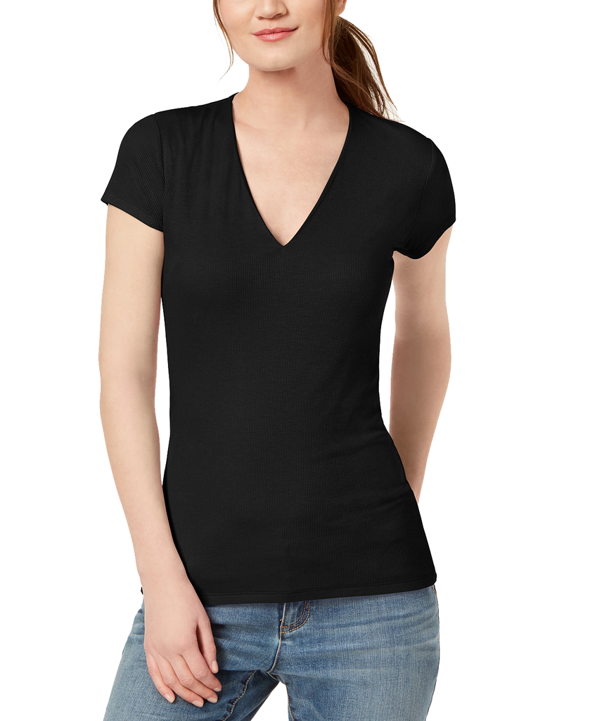 INC International Concepts Women Petite Ribbed V Neck Top Deep Black