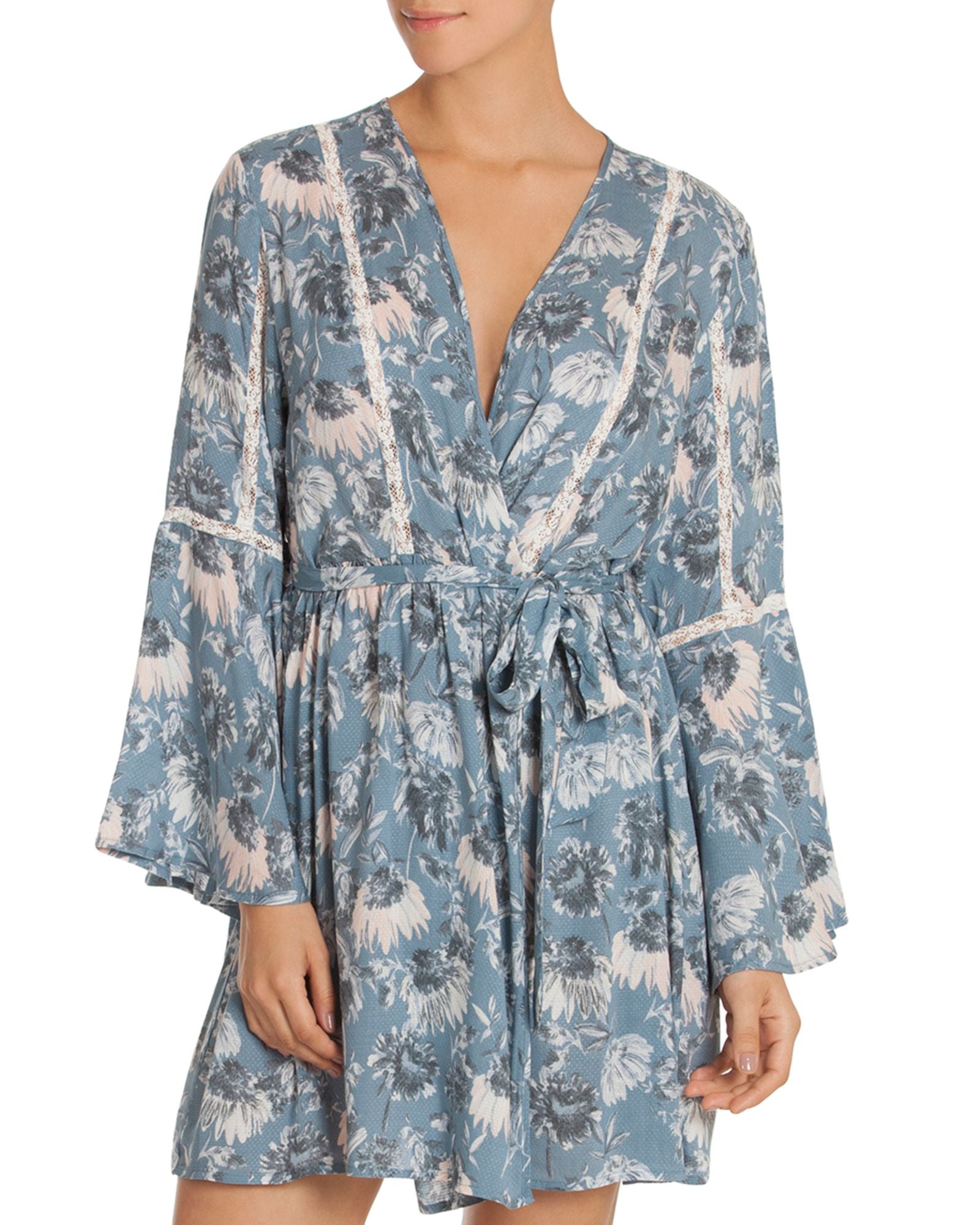Midnight Bakery Women Floral Wrap Robe Blue Peach