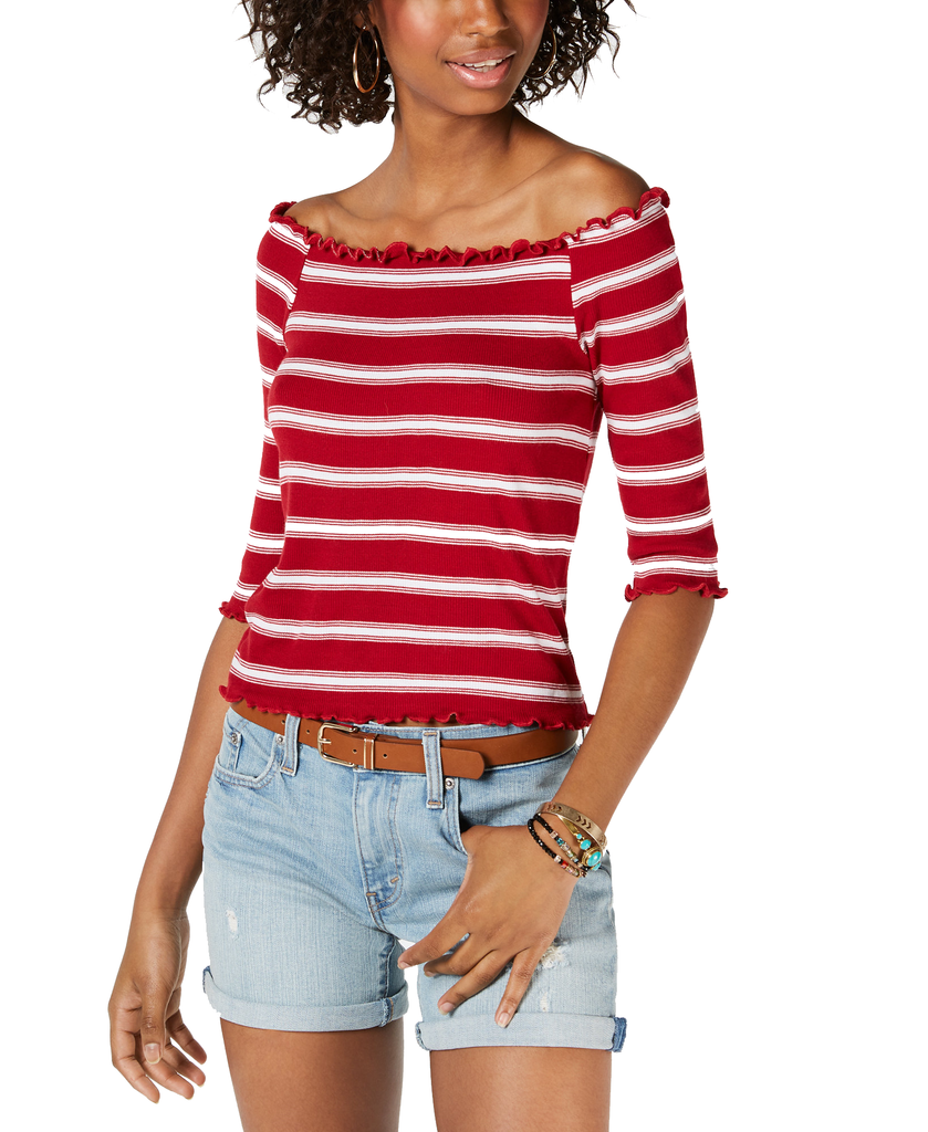 Hippie Rose Women Striped Off The Shoulder Top Red White Stripe