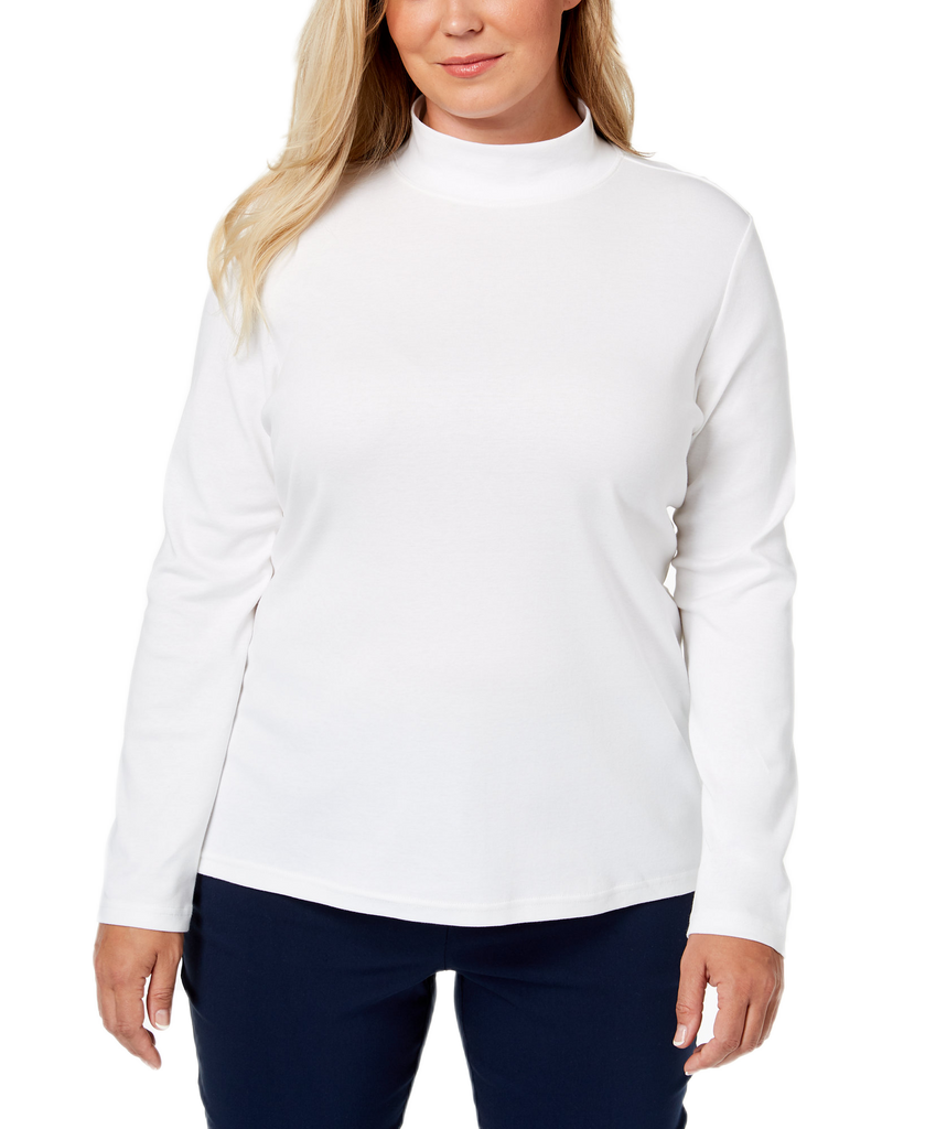 Karen Scott Women Plus Cotton Mock Neck Top Bright White