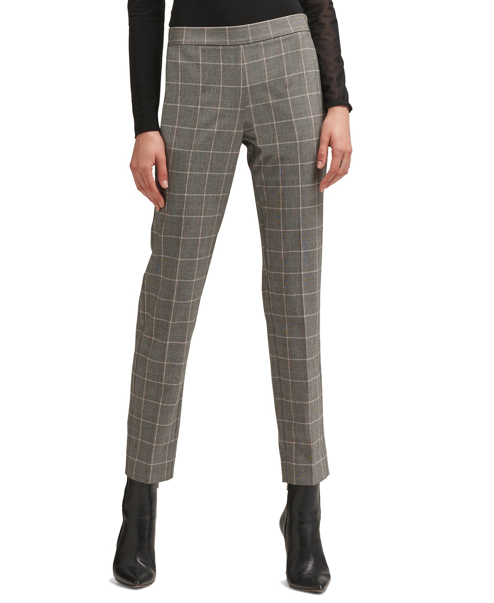 DKNY Women Plaid Straight Leg Pants Black Combo