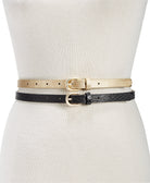 INC International Concepts Women 2 for 1 Metallic & Embossed Skinny Belts Black Gold