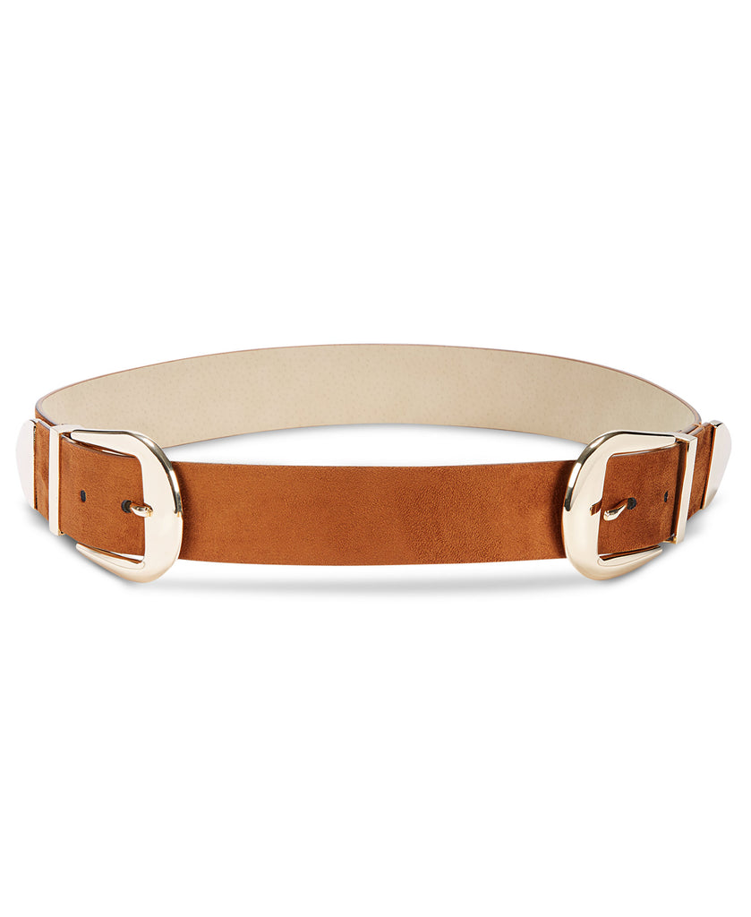 INC International Concepts Women Clean Double Buckle Belt Cognac Gold